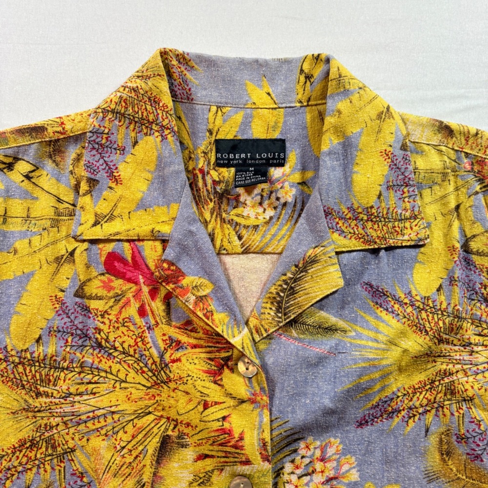 Robert Louis Silk Hawaiian Shirt Mens Medium Purple Yellow Tropical Palm Floral